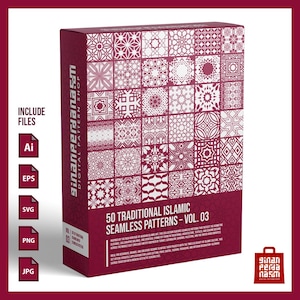 Può includere: Una scatola marrone con 50 motivi islamici tradizionali senza cuciture in bianco. La scatola include formati di file: AI, EPS, SVG, PNG e JPG. Il testo sulla scatola recita "50 Traditional Islamic Seamless Patterns - Vol. 03". La scatola ha il logo "Ginan Perda Nasn".