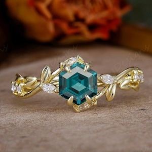 Hexagon Cut Teal Sapphire Ring, 925 Sterling Silver Ring, Lab Created Blue Green Sapphire Ring, Gift for Her, Leaf Natural Inspired Ring