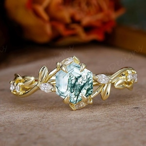 Moss Agate Engagement Ring, Moissanite Yellow Gold Wedding Ring, Prong Green Agate Ring Gift For Her, Promise Anniversary Bridal Ring Women