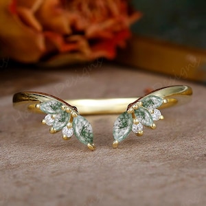 Marquise Cut Moss Agate Wedding Band, Unique Solid Gold Moissanite Curved Matching Band, Promise Anniversary Ring, Engagement Band Women