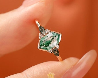 Retro Long hexagon Moss Agate Ring Vintage Sterling Silver Ring Unique Agate Engagement Ring Promise Ring Anniversary Ring Gift For Her
