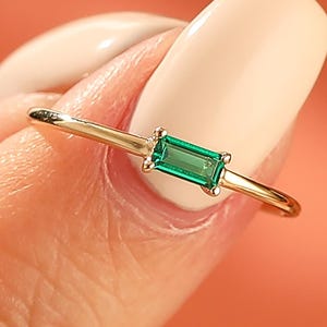 Solid Gold Baguette Emerald Ring, Thin Solitaire May Birthstone