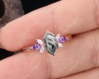 1CT Elongated Hexagon Cut Salt & Pepper Diamond Engagement Ring Cluster 18k Solid Rose Gold Marquise Cut Amethyst Mossanite Bridal Ring