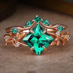 Princess Cut 7x7mm Emerald Engagement Ring Set, Rose Gold Promise Ring, Leaf Nature Inspired Bridal Sets, Green Gemstone Ring Jewelry Gifts