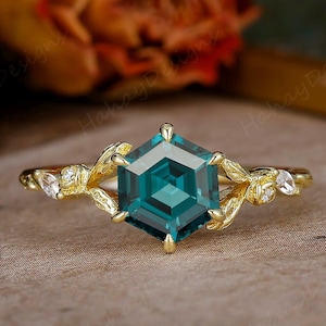 Lab Created Teal Sapphire Engagement Ring, Unique Hexagon Blue Green Sapphire Ring, Wedding Bridal Ring, Art Deco Anniversary Ring Gift