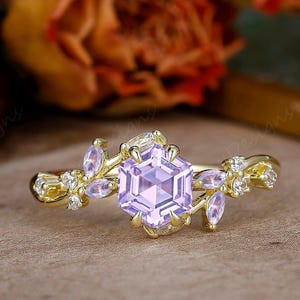 Natural Purple Lavender Amethyst Ring, Cluster Engagement Ring, Hexagon Cut Amethyst Ring, Anniversary & Wedding Ring, Promise Ring For Her