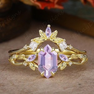 Unique Long Hexagon Cut Lavender Amethyst Engagement Ring Set, Yellow Gold Moissanite Bridal Wedding Ring Set, Anniversary Gift Women