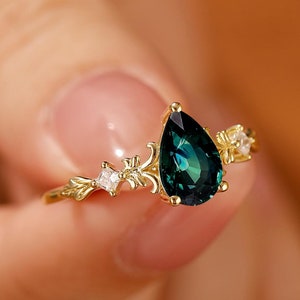 Birnenschliff Teal Saphir Verlobungsring, Vintage Jahrestagsgeschenke für sie, Versprechensring Art-Deco-Edelsteinring, blauer grüner Saphirring