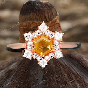 Unique Floral Natural Citrine Ring 14K Rose Gold Vermeil Yellow Gemstone Engagement Promise Ring November Birthstone Anniversary Gift