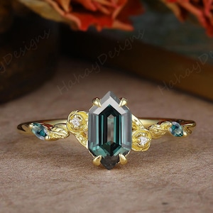 Teal Blue Sapphire Engagement Ring, Hexagon Cut Wedding Dainty Sapphire Ring, Gemstone Statement Ring, Anniversary Gift, 4 Prong Setting
