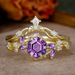 Vintage Hexagon Cut Amethyst Engagement Ring Set, Nature Inspired Cluster Promise Ring, Solid Gold Art Deco Leaf Purple Gemstone Branch Ring