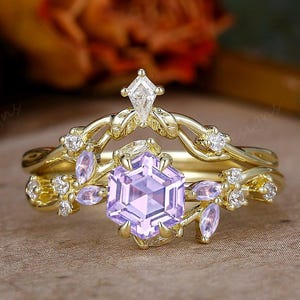 Hexagon Cut Lavender Amethyst Engagement Ring Set, Vintage Solid Gold Moissanite Leaf Ring, Twist Promise Ring, Anniversary Gift for Women
