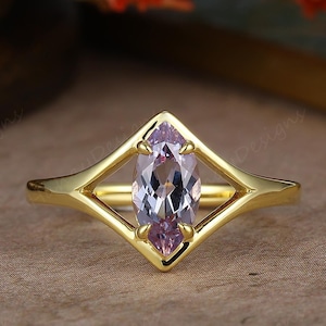 Marquise Alexandrite Engagement Ring, June Birthstone Color Changing Ring, Yellow Gold Solitaire Ring, Promise Ring Gift for Wife