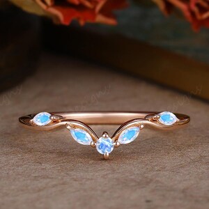 Marquise und Rundschnitt Mondstein Ehering, Vintage Rose Gold Stapeln passende Band, Versprechen Ring für die Liebe, Blauer Edelstein Bandring
