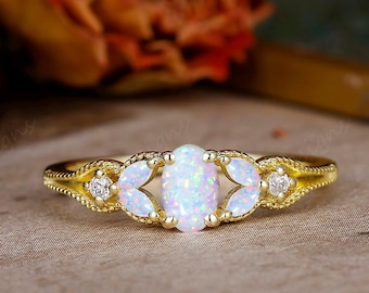 Lab Pink White Opal Wedding Ring, Gold Unique Engagement Ring, Vintage Marriage Promise Ring, Oval Shape Opal Ring, Bridesmaids Gift