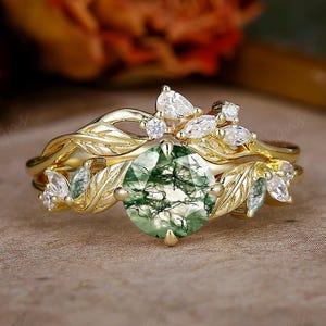 Unique Round Cut Moss Agate Wedding Ring Set, Leaf Vine Yellow Gold Moissanite Wedding Band, Anniversary Ring Promise Ring for Her