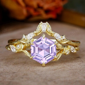 1.35ct Hexagon Cut Lavender Amethyst Ring Set, Yellow Gold Vintage Unique Amethyst Engagement Ring Set, Bridal Anniversary Ring Set Women