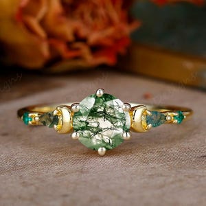 Moss Agate Engagement Ring, Gemstone Yellow Gold Wedding Ring, Prong Green Agate Ring Gift For Her, Promise Anniversary Rridal Ring Women