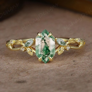Anel longo de videira de ágata musgo hexagonal, anel de noivado de ouro maciço, anel de promessa feminino, anel de aniversário de ágata verde, configuração clássica de 4 pontas