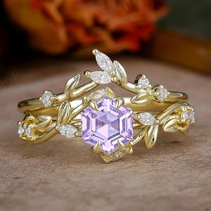 Unique Hexagon Cut Purple Amethyst Engagement Ring, Yellow Gold Lavender Amethyst Wedding Ring, Vintage Bridal Wedding Anniversary Ring