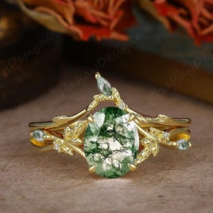 Branch Nature Bridal Ring Set For Women, Oval Moss Agate Engagement Ring Set, Dainty Leaf Stacking Ring, Antique Green Gemstone Ring Set
