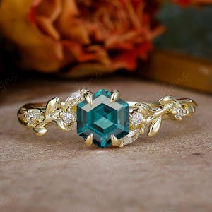 Unique Blue Green Sapphire Ring For Women, Hexagon Cut Teal Sapphire Engagement Ring, Art Deco Anniversary Bridal Ring, Dainty Gemstone Ring