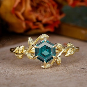 Hexagon Cut Teal Sapphire Engagement Ring, Vintage Prong Set Blue Green Sapphire Promise Ring, Yellow Gold Solitaire Ring Gift For Women