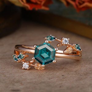 Hexagon Cut Shaped Sapphire Engagement Ring, Blue Green Unique Leaf Promise Ring, Rose Gold Anniversary Ring, 6 Prong Wedding Ring