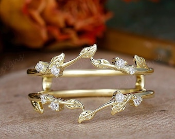Double Curved Wedding Band, Yellow Gold Enhancer Ring, Moissanite Stacking Matching Promise Wedding Ring, Women Unique Branch Ring