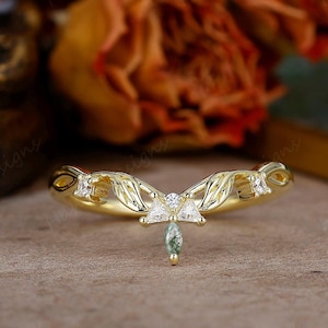 Vintage Leaf Band, Marquise Moss Agate Wedding Band, Thin Stacking Ring For Women, Nature Inspired Ring, Matching Ring For Personalized Gift