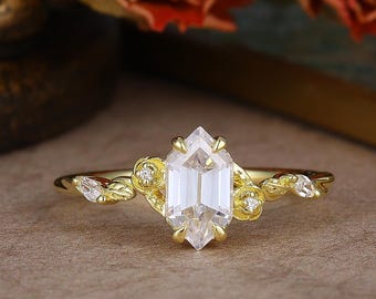 Anel de noivado hexagonal de moissanita, anel de casamento hexagonal de moissanita de ouro maciço, anel de moissanita de presente de aniversário para mulheres, anel de diamante