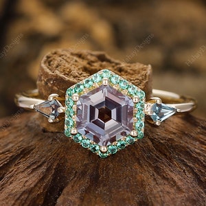 Custom Birthstone ring Hexagon cut Alexandrite ring rose gold halo emerald ring vintage kite cut opal ring women unique gemstone gift ring