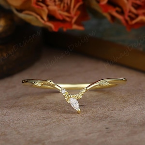 Zierlicher Marquise Geschwungener Ehering, Einzigartige Gelbgold Moissanite Passende Stacking Band, Blattring Braut Versprechen Jahrestag Geschenk