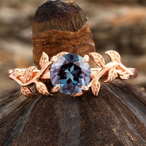 Alexandrite Engagement Ring/ Leaf Vine ring/ Leaf&Vine Vintage Wedding Ring/ Unique Gemstone Ring/ Anniversary Gift/ Round Alexandrite Ring
