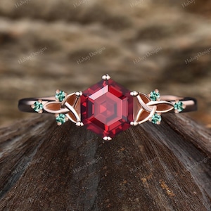 Einzigartiger Keltischer Knoten Hexagon Cut Granat Verlobungsring Vintage Cluster Runde Smaragd Ehering Art Deco Roségold Juli Birthstone Versprechen