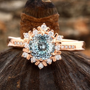 Anello di fidanzamento con moissanite portoghese/Anelli con moissanite a forma di fiocco di neve/Anelli con moissanite rotonda/Anelli con moissanite blu ciano
