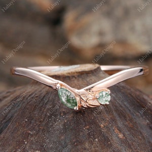 Marquise Round cut Moss agate Wedding Band Unique Rose gold Curved Wedding Band Vintage Art deco Bridal ring Stacking ring Promise ring