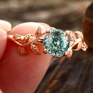 Round Portuguese Moissanite Engagement Ring/ Leaf Vine Rings/ Round Blue Moissanite Rings/ Cyan Blue Moissanite Rings/ Moissanite Rings