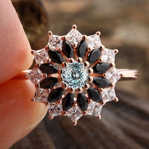 Floral Moissanite Engagement Ring/ Natural Black Spinel Ring/ Round Blue Moissanite Rings/ 14K Solid Gold Rings/ Portuguese Moissanite Rings