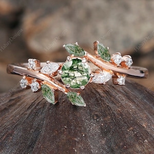 Art Deco Leaf White Gold Moss Agate Engagement Ring Nature Inspired Cluster Promise Ring Green Gemstone Branch Bridal Ring Jewelry