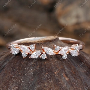 Pave Setting Moissanite Diamond Women&#39;s Ring Band/ Dainty Marquise Cut Diamond Wedding Ring Band Solid Gold/ Branch Style Daily Ring Jewelry