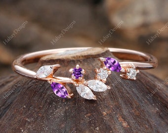 Leaf Vine Amethyst Stacking Ring/ Cluster Marquise Moissanite Ring Dainty Branch Style Women&#39;s Anniversary Promise Wedding Ring Solid Gold