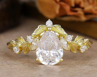 1.3ct Pear Shaped Moissanite Engagement Ring, Vintage Leaf Wedding Ring, Unique Yellow Gold Nature Inspired Promise Ring