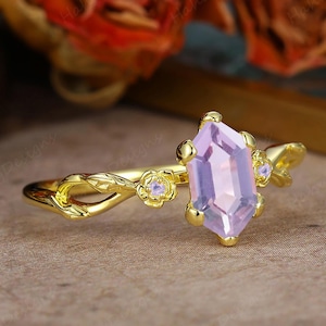 Vintage Lavender Amethyst Engagement Ring, Women Long Hexagon Cut Art Deco Leaf Ring, Bridal Promise Anniversary Ring, Purple Gemstone