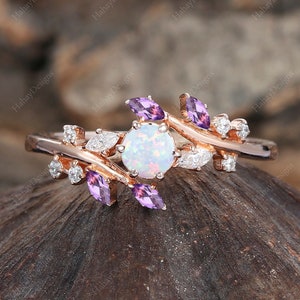 Opal Verlobungsring Jahrgang Rose gold Verlobungsring Amethyst Diamant Cluster Einzigartige Blatt-Stil Ring Brautring Versprechen Jahrestag Ring