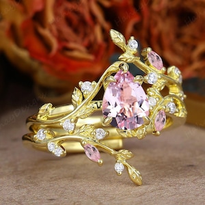 Pear Cut Pink Morganite Engagement Ring Set, Twig Leaf Bridal Set, Morganite Wedding Promise Ring for Women, Nature Inspired Stacking Rings