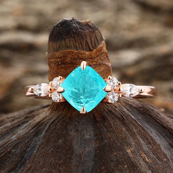 Art Deco Cushion Paraiba Tourmaline Wedding Ring/ Blue Tourmaline Ring/ Cushion Moissanite Ring/ Paraiba Tourmaline Ring/ Blue Gemstone Ring