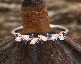 Vintage sapphire moissanite wedding band art deco rose gold cluster ring round & marquise cut wedding band unique stacking anniversary ring