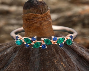 Vintage sapphire emerald wedding band art deco rose gold gemstone cluster ring round marquise wedding band unique stacking anniversary ring