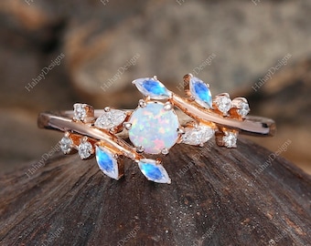 Round cut Pink Opal ring Vintage Rose gold Leaf engagement ring Marquise cut Moonstone ring Moissanite ring Nature inspired Twig ring Gift
